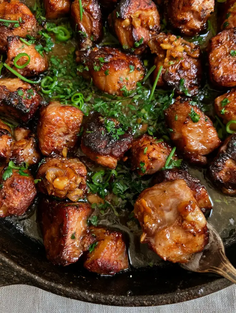 A fork lifting a tender cube of pork from a cast iron skillet filled with garlic butter pork bites.