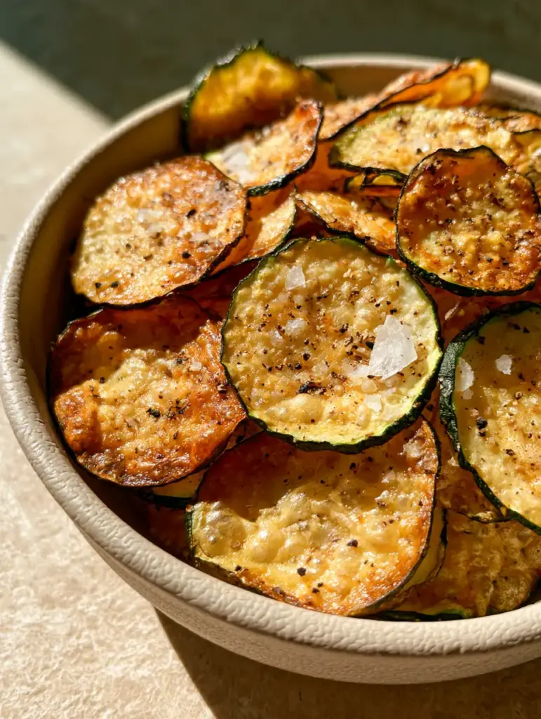 Side view of Baked Zucchini Chips piled in a ceramic bowl with visible parmesan crust and sea salt.