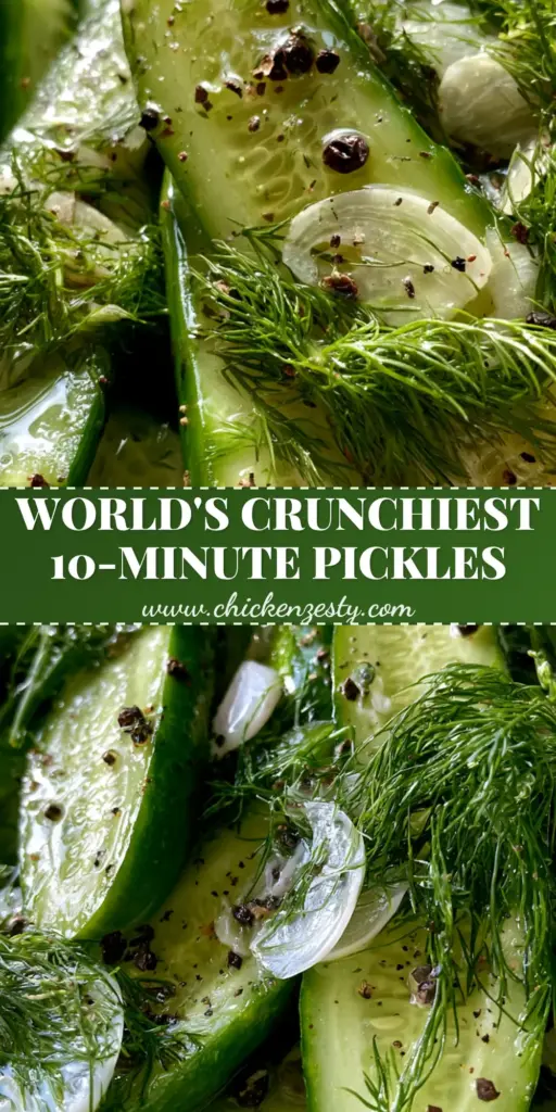 Vibrant green garlic dill cucumbers spears piled in a white rustic bowl with glistening brine, feathery dill, and cracked peppercorns.