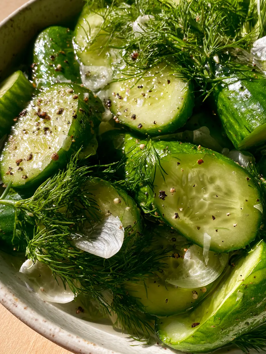 Macro shot of garlic dill cucumbers showing translucent garlic slices and feathery dill clusters with wet brine highlights.