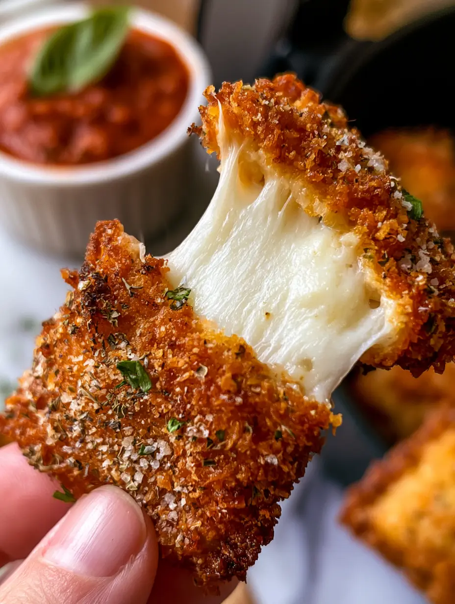 Extreme close-up of a single Crispy Air Fryer Ravioli being pulled apart to show stretchy mozzarella and steam.