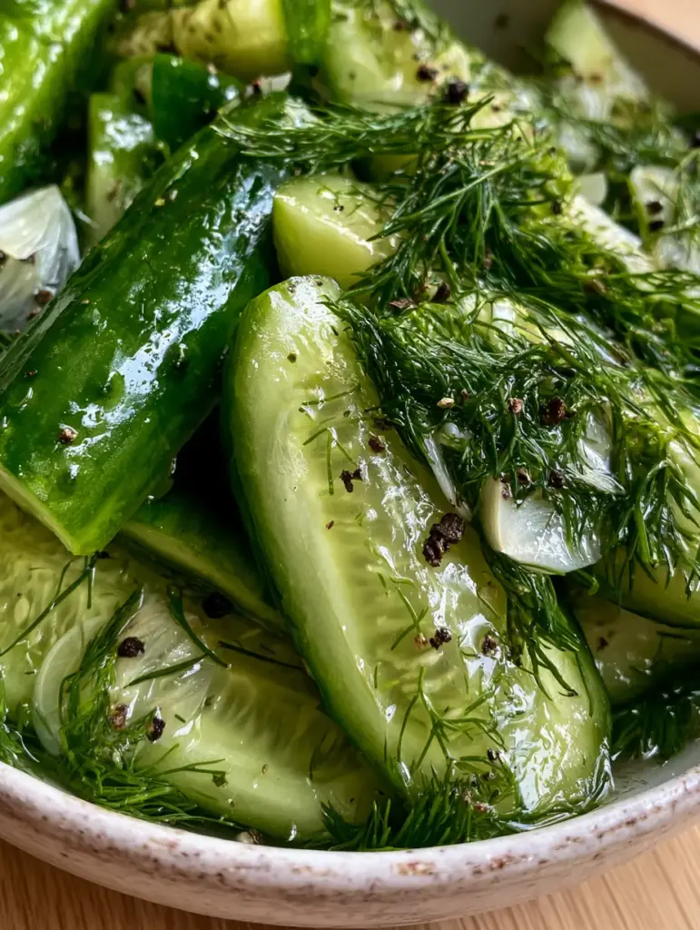 Crisp garlic dill cucumbers spears in a rustic ceramic bowl under natural window light.