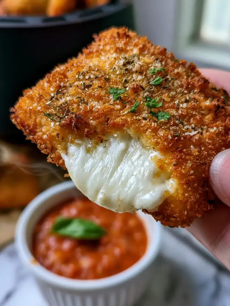 Close-up of jagged Panko breading on air fryer ravioli with visible oregano and parmesan grains.