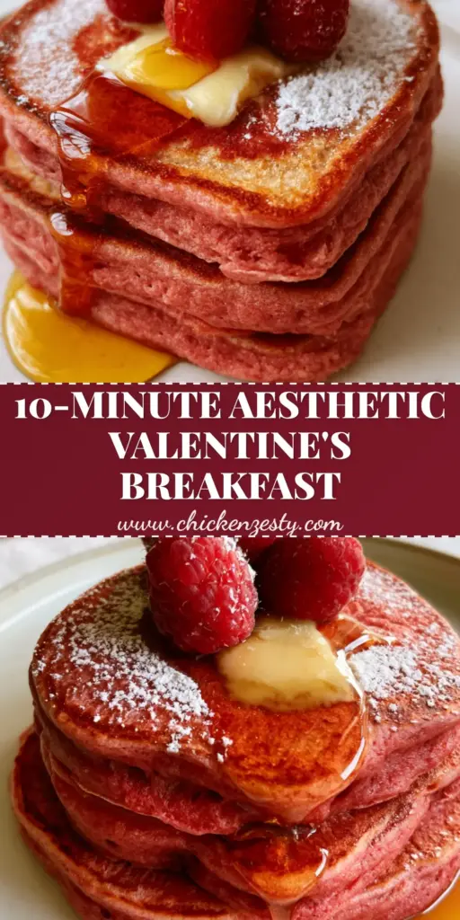 A tall stack of heart-shaped pink velvet pancakes with melting butter and maple syrup. (Valentine’s Day breakfast recipes)