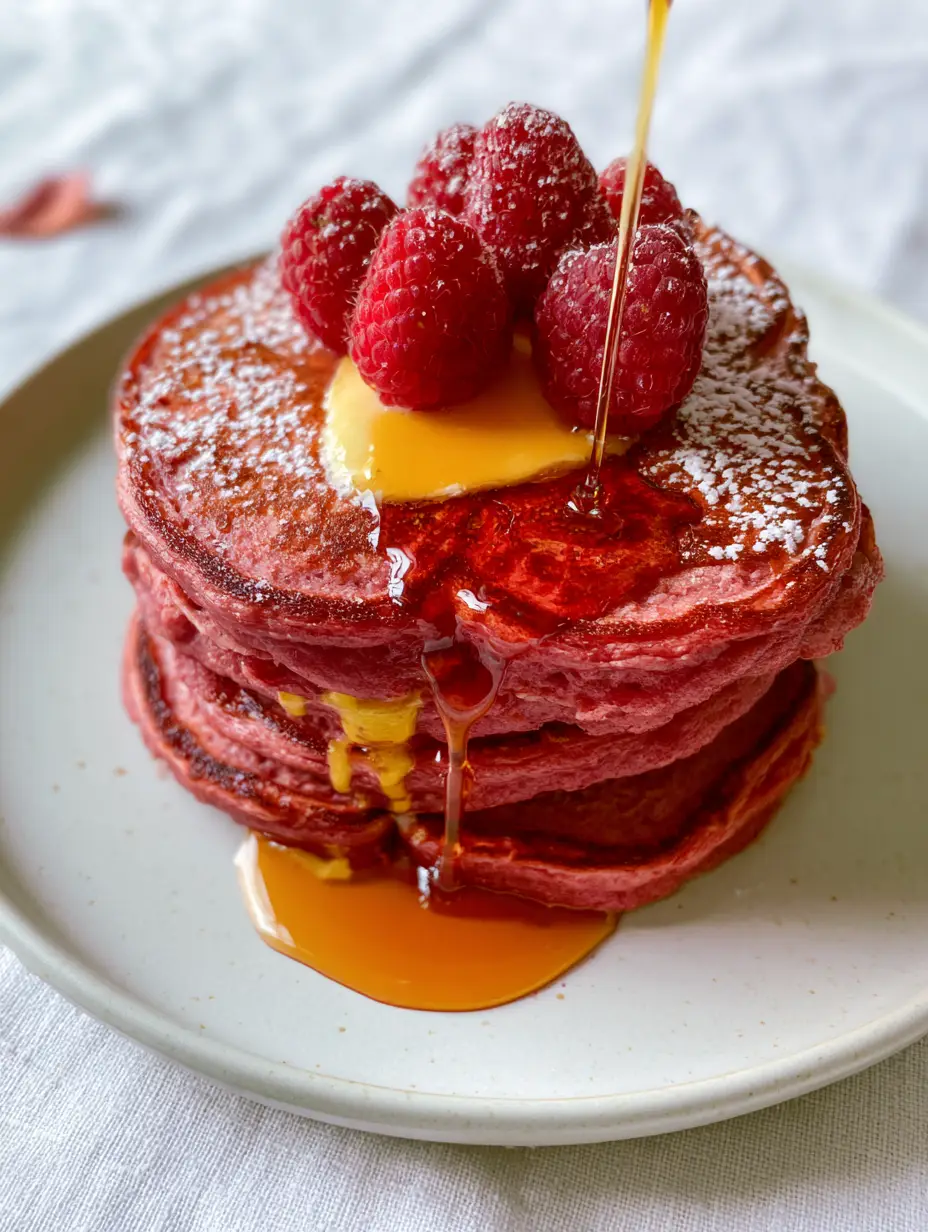 Close-up macro shot of a steaming stack of three pink velvet heart pancakes with a glossy butter drip. (Valentine’s Day breakfast recipes)
