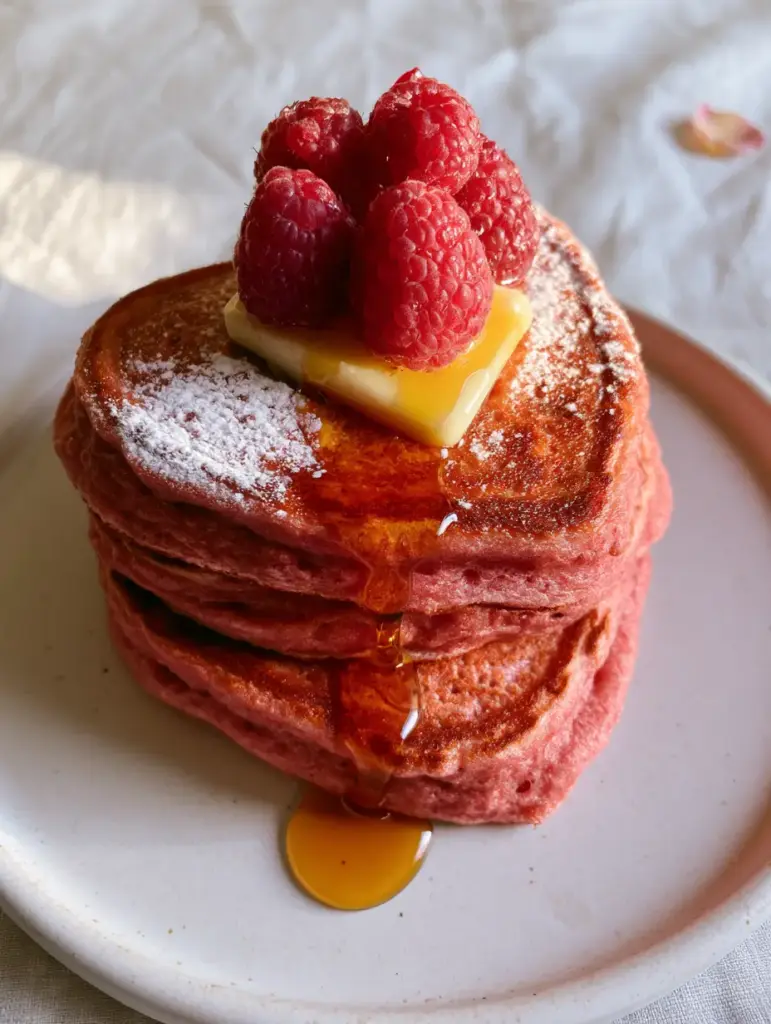 Overhead view of pink velvet heart pancakes on a matte white plate with raspberries and powdered sugar.