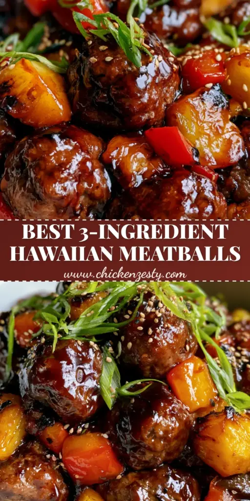 A close-up of oversized Hawaiian meatballs in a white bowl, covered in a glossy mahogany glaze with charred pineapple and red peppers.