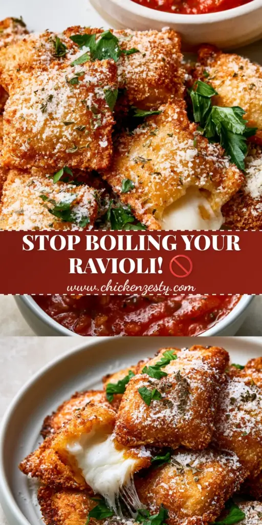 A heap of golden-brown air fryer ravioli on a white plate dusted with parmesan and parsley next to chunky marinara sauce.