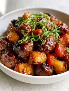 Juicy Hawaiian meatballs piled in a white bowl with a thick, ultra-glossy dark mahogany BBQ glaze and green onions.
