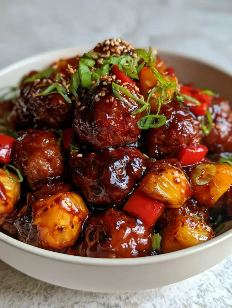 Close-up of Hawaiian meatballs with visible charred pineapple chunks and vibrant red bell pepper squares.
