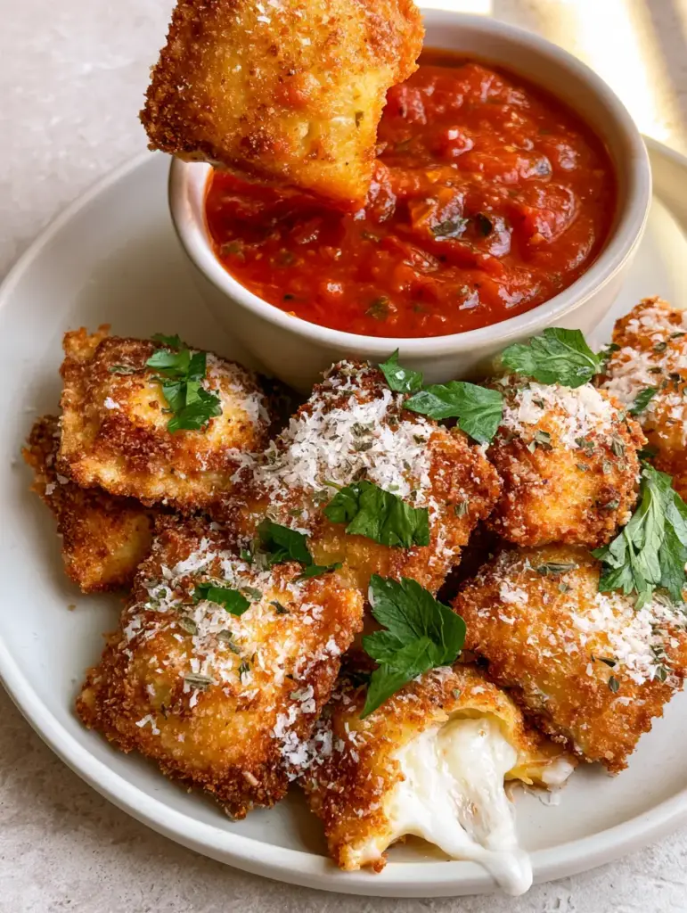 Close up of a bitten air fryer ravioli showing a gooey melted mozzarella and ricotta cheese center with steam rising.