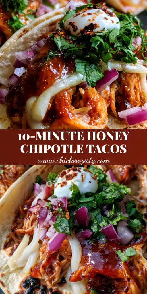 A stack of three Chipotle Chicken Tacos on charred corn tortillas with glistening mahogany-red glaze and lime crema.