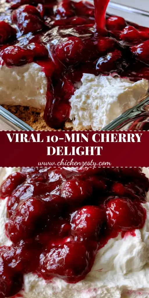 A close-up shot of the cherry cream cheese dessert showing the golden graham cracker crust, thick white filling, and glossy cherry topping with mint garnish.