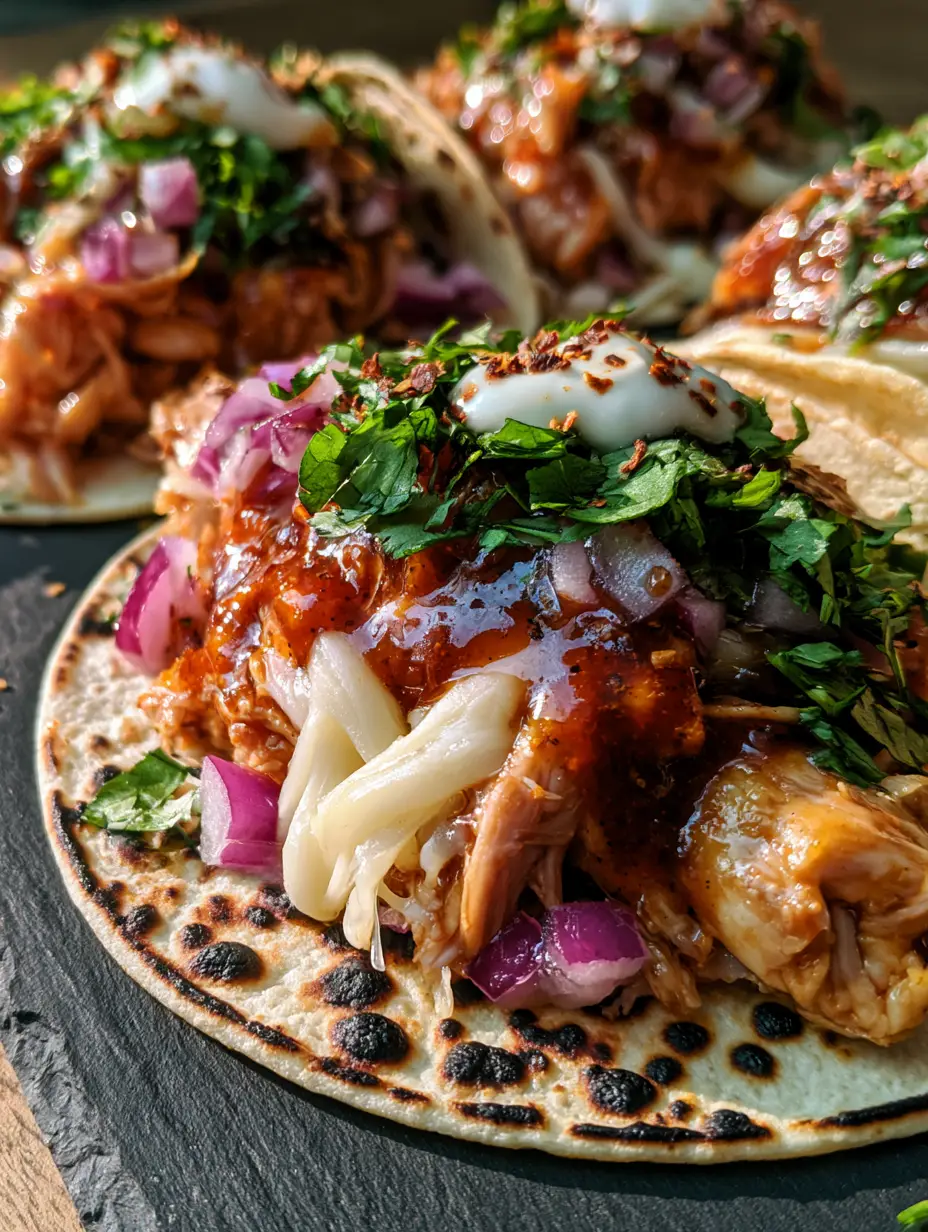 Extreme macro shot of three Chipotle Chicken Tacos with charred tortillas and mahogany honey glaze on a slate board.