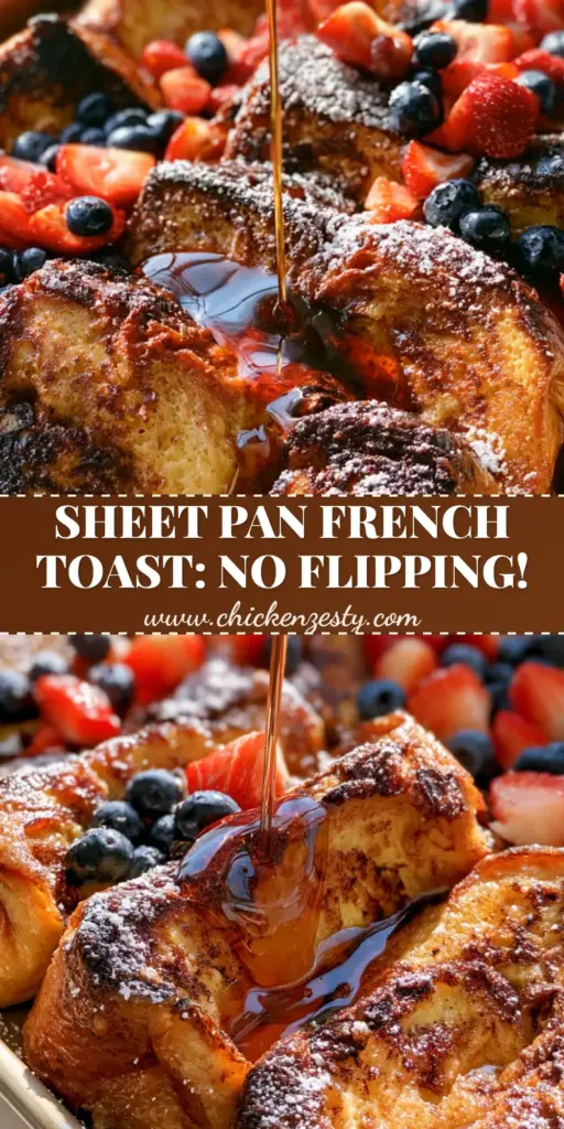 Sheet pan French toast: The Ultimate Crispy & Custardy Brioche Breakfast 4 A large rimmed baking sheet filled with golden-brown thick-cut brioche Sheet pan French toast topped with strawberries and blueberries.