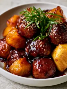 Macro shot of perfectly round meatballs coated in a thick, syrupy dark mahogany glaze with softened pineapple chunks. (Crockpot Hawaiian Meatballs)