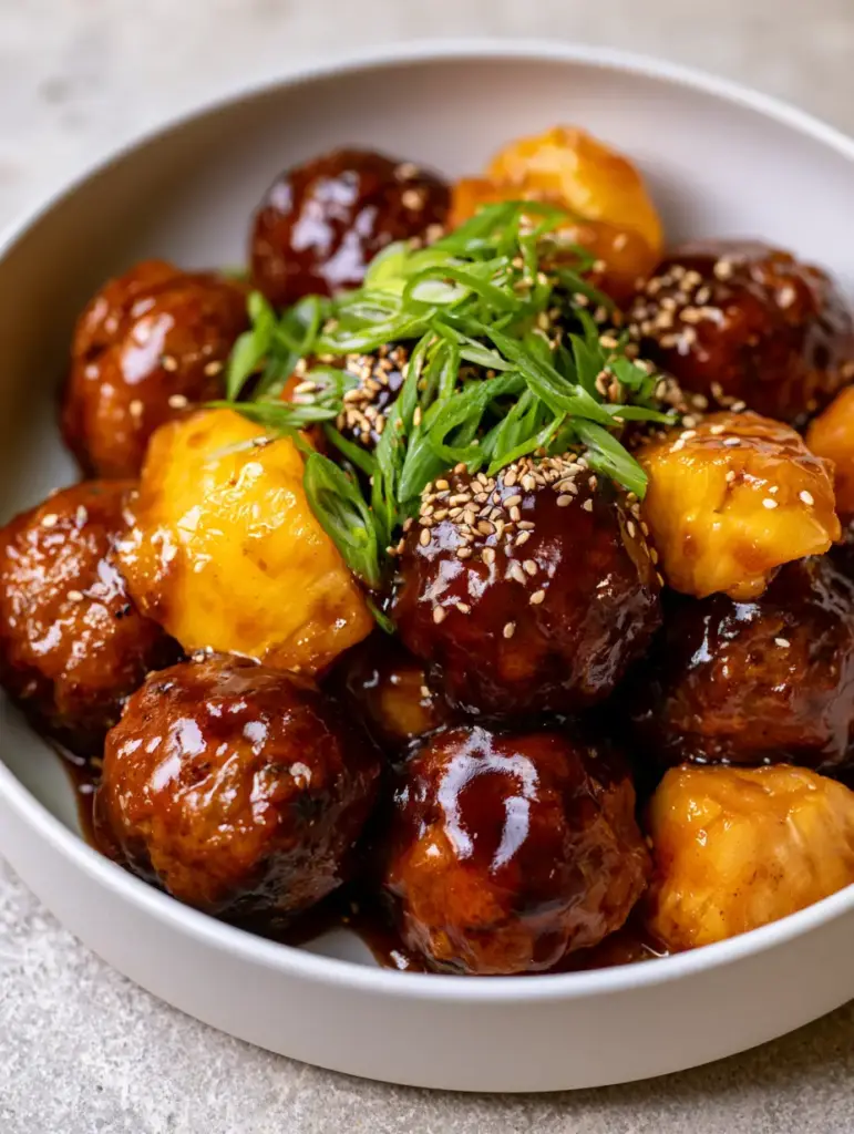 Close up of golden pineapple chunks and meatballs with a scattering of green scallions and sesame seeds. (Crockpot Hawaiian Meatballs)