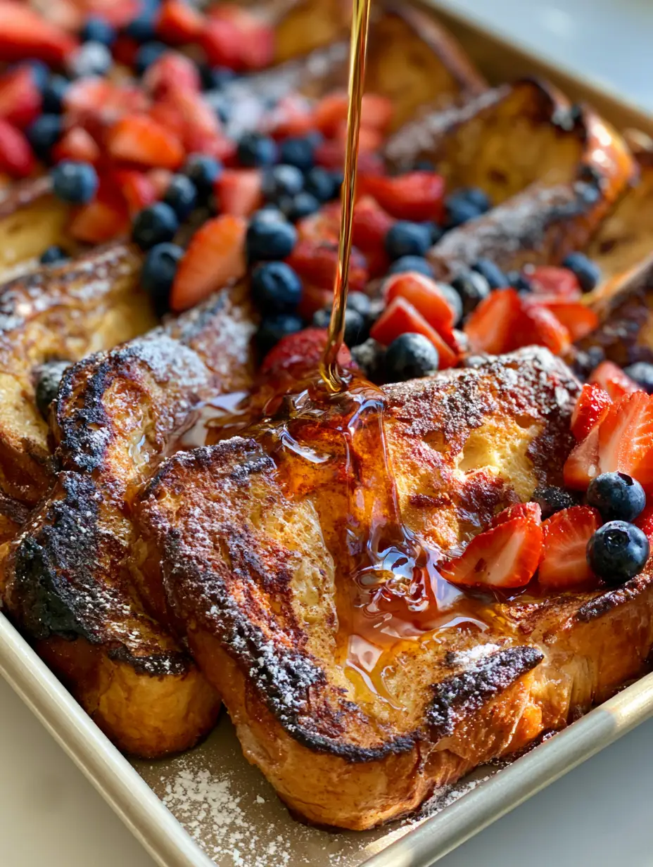 Sheet pan French toast: The Ultimate Crispy & Custardy Brioche Breakfast 3 Smartphone photo of Sheet pan French toast with glossy amber maple syrup pouring over the center.