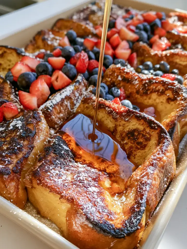 Sheet pan French toast: The Ultimate Crispy & Custardy Brioche Breakfast 1 Close up of Sheet pan French toast with caramelized cinnamon-sugar edges and powdered sugar dusting.