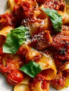 Extreme close-up of wide pappardelle ribbons coated in thick Tomato Pasta Sauce with visible charred tomato skins.