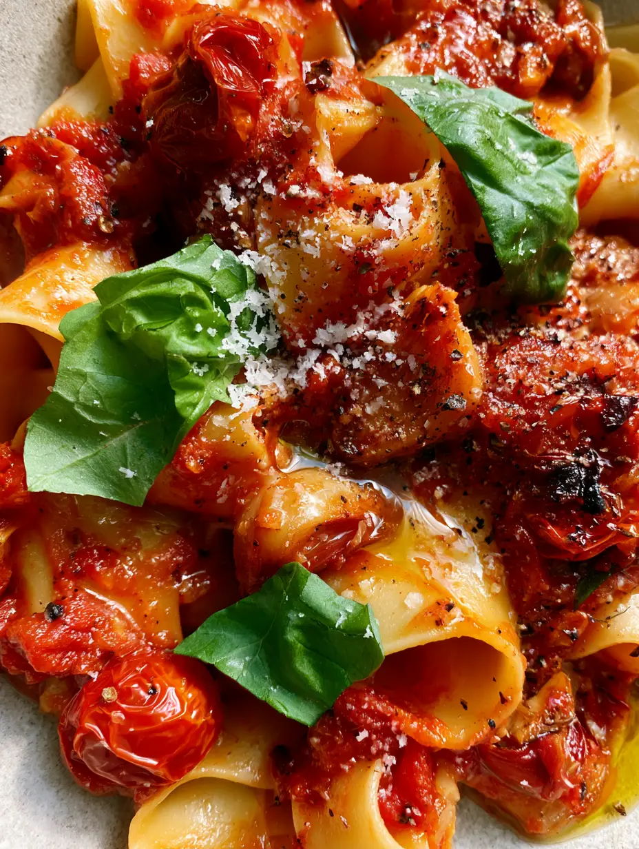 Extreme close-up of wide pappardelle ribbons coated in thick Tomato Pasta Sauce with visible charred tomato skins.