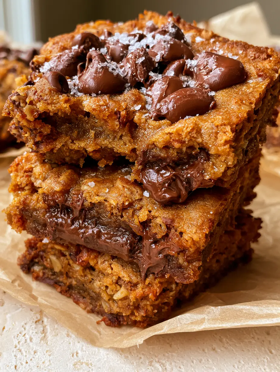 Chocolate Chip Oatmeal Cookie Bars: The Ultimate Thick and Gooey Brown Butter Recipe 3 Close-up of Chocolate Chip Oatmeal Cookie Bars with visible toasted oats and deep golden brown crust.