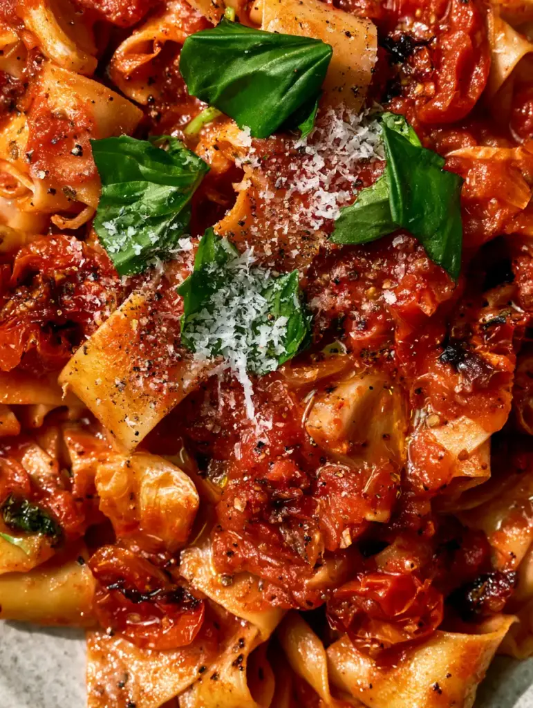 Overhead view of glistening Tomato Pasta Sauce with fresh torn basil and roasted garlic cloves.