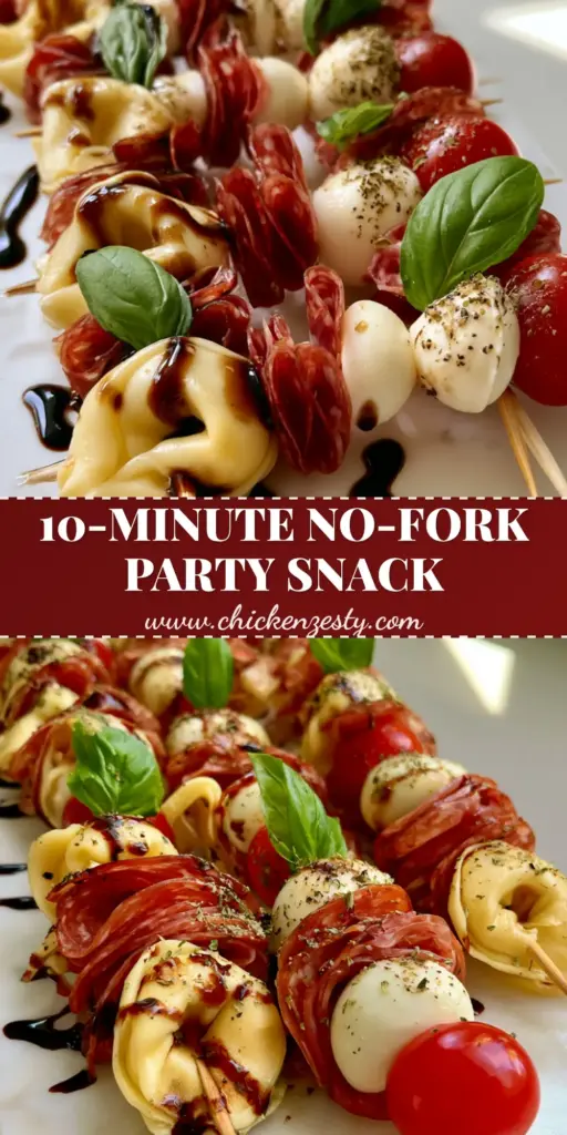 A row of gourmet tortellini appetizers on skewers featuring salami, mozzarella pearls, and tomatoes drizzled with balsamic glaze. (tortellini appetizers)