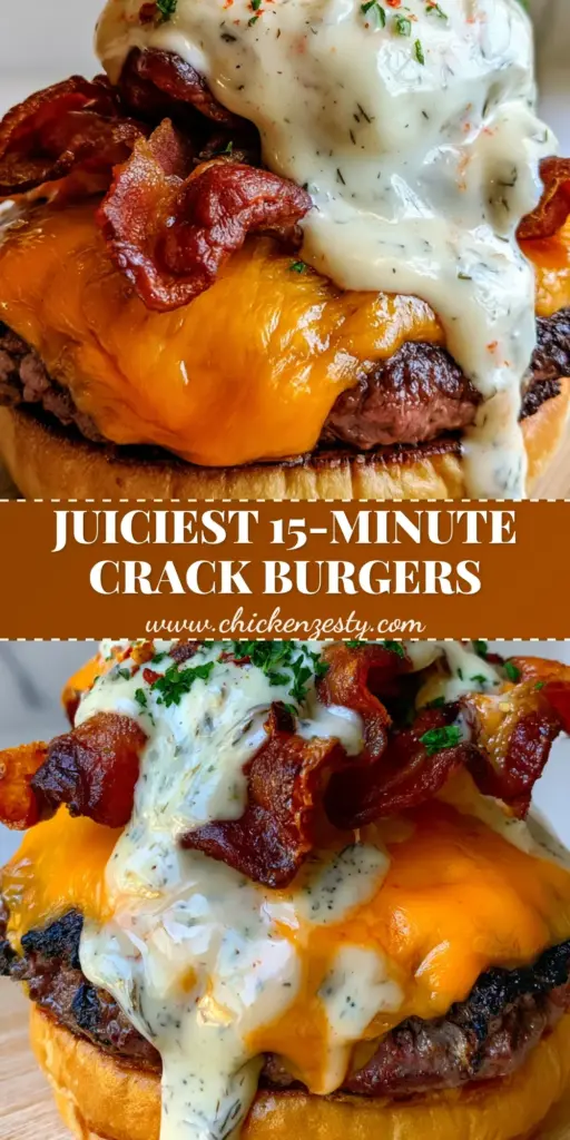 A gourmet Crack Burger with a heavy layer of melted cheddar, extra-crispy bacon, and a messy ranch drizzle on a wooden board.
