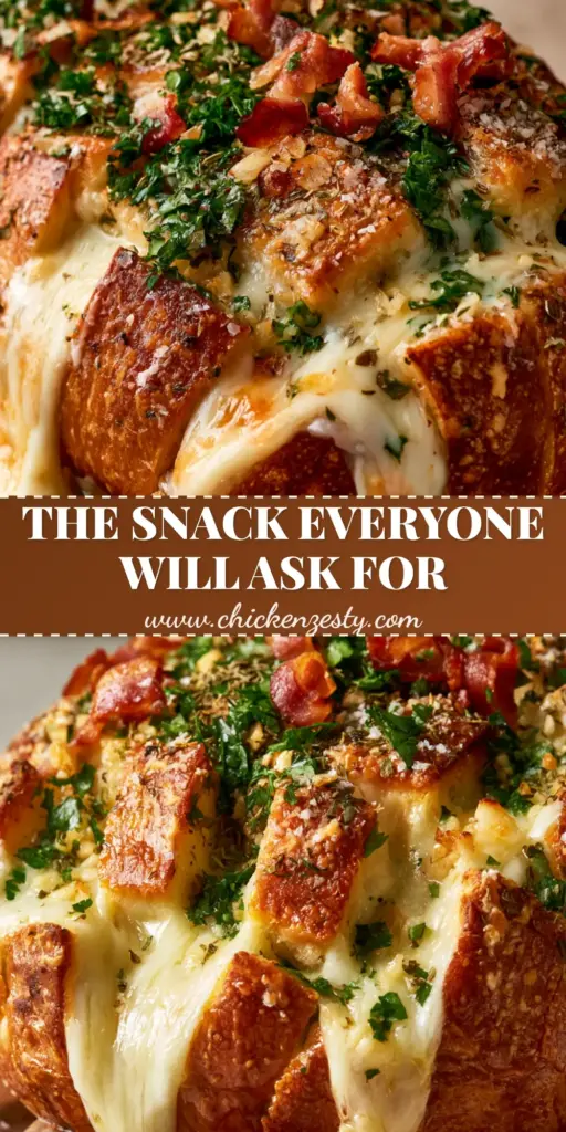 A golden-brown pull-apart garlic bread party dish recipe featuring molten cheese strands and crispy pancetta on a wooden board.