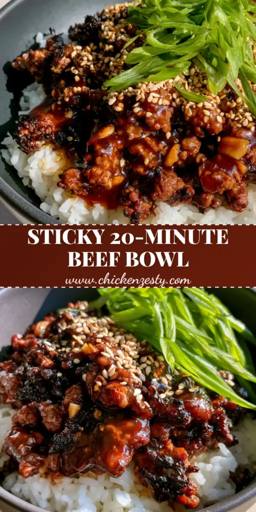 A close-up vertical shot of a honey garlic ground beef rice bowl in a charcoal ceramic bowl, featuring glossy mahogany beef and bright green scallions.