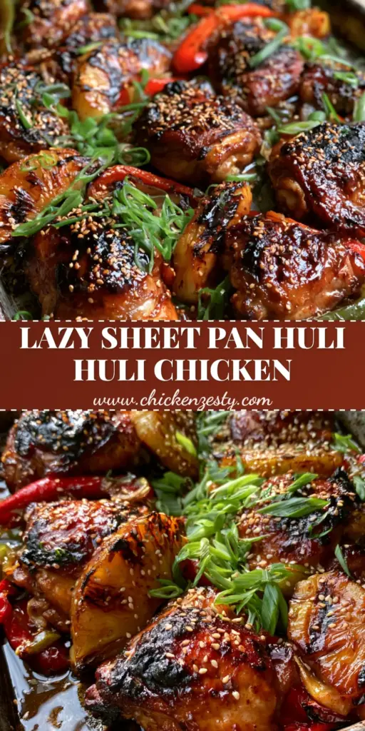 A close-up of roasted huli huli chicken thighs with a mirror-like mahogany glaze, charred pineapple rings, and blistered peppers on a dark metal sheet pan.