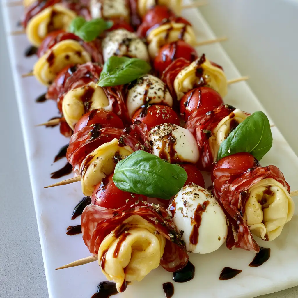 Overhead view of Italian-style tortellini appetizers skewers arranged neatly for serving.