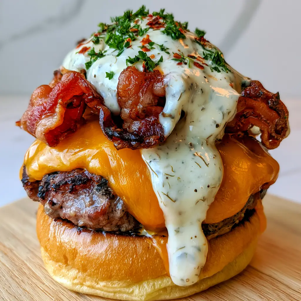 Close up of a Crack Burger showing the messy ranch drizzle with dill specks and red chili flakes garnish.