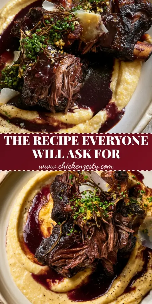 A family-style ceramic platter featuring red wine braised short ribs over creamy parmesan polenta, the ultimate dinner party dish.