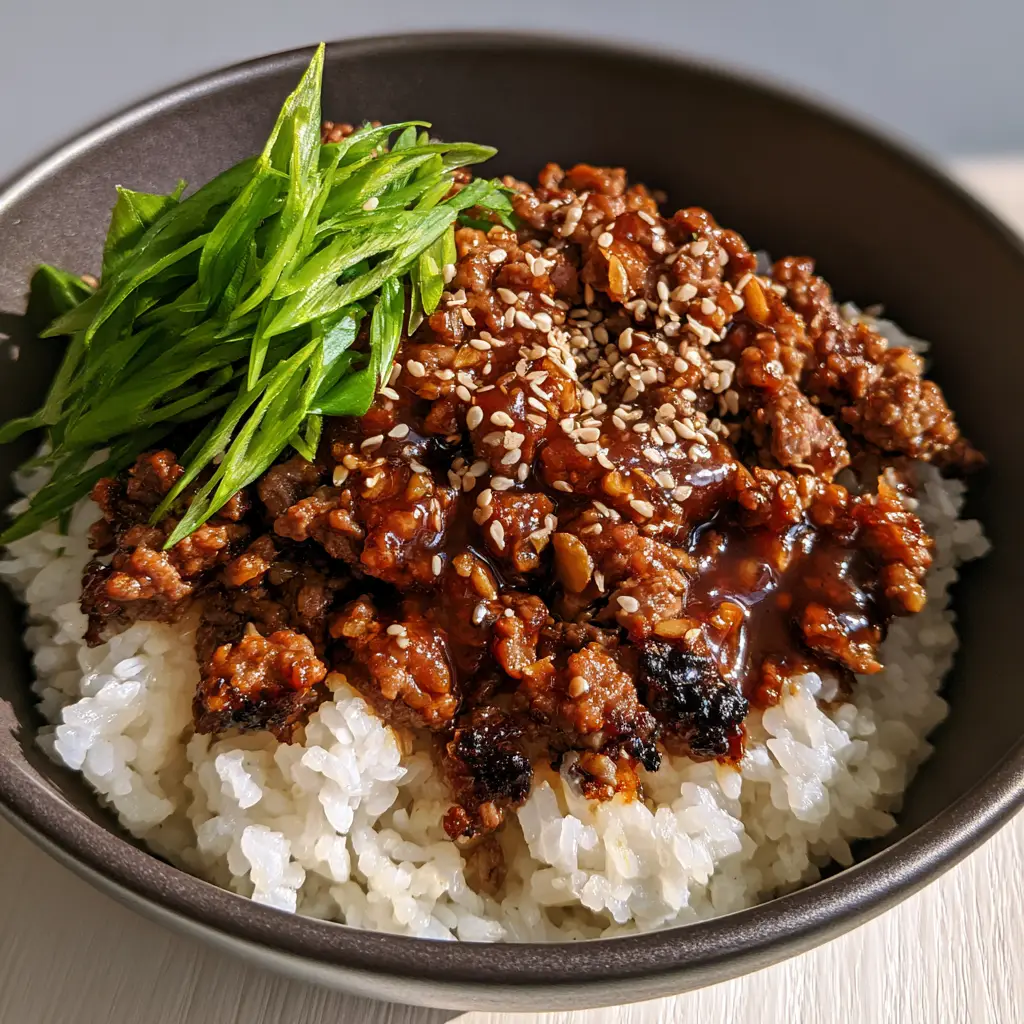 Top-down view of honey garlic ground beef rice bowl on a light wood surface with natural sunlight highlights.
