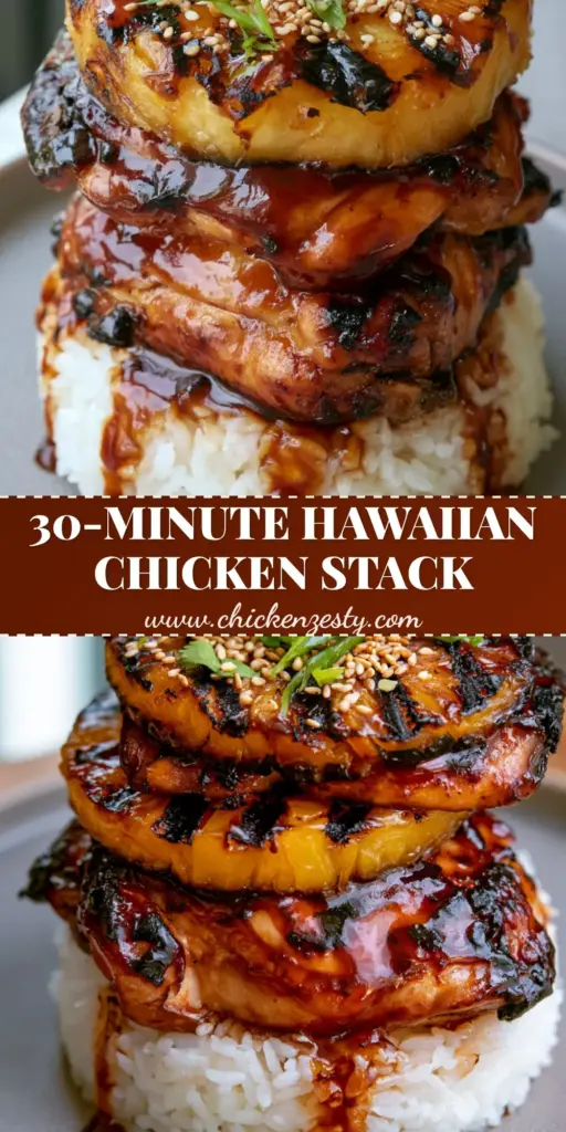 A vertical shot of a Hawaiian Huli Huli Chicken Stack featuring mahogany-glazed chicken, charred pineapple, and sesame seeds on a rice base.