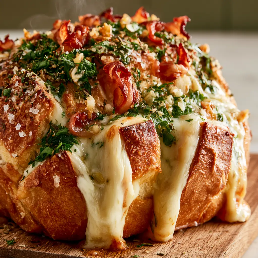 Close up of crispy browned pancetta and fresh parsley on a toasted parmesan crust.