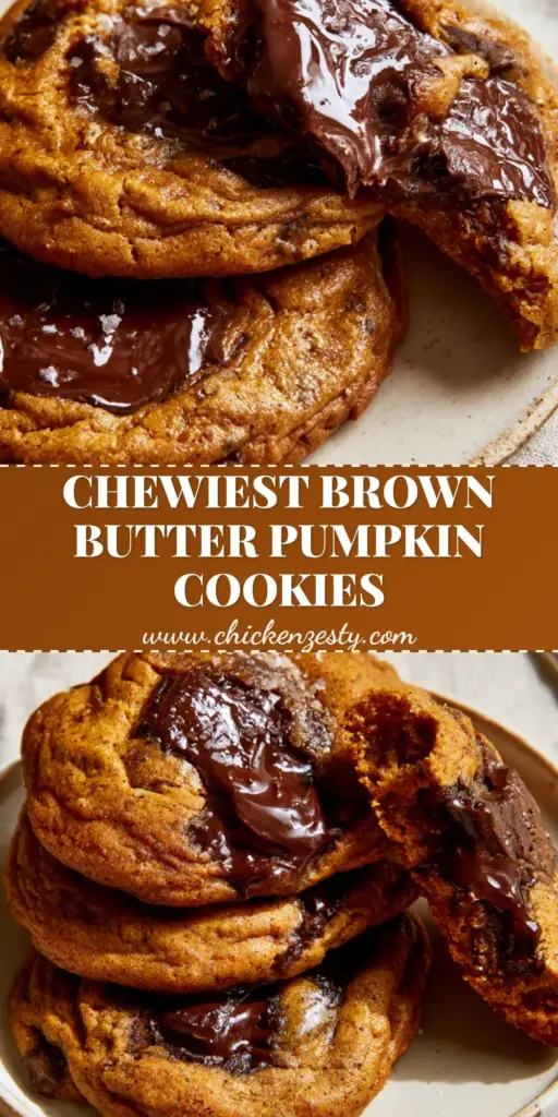 A tall stack of Pumpkin Chocolate Chip Cookies on a rustic plate showing molten dark chocolate pools and crinkled edges.