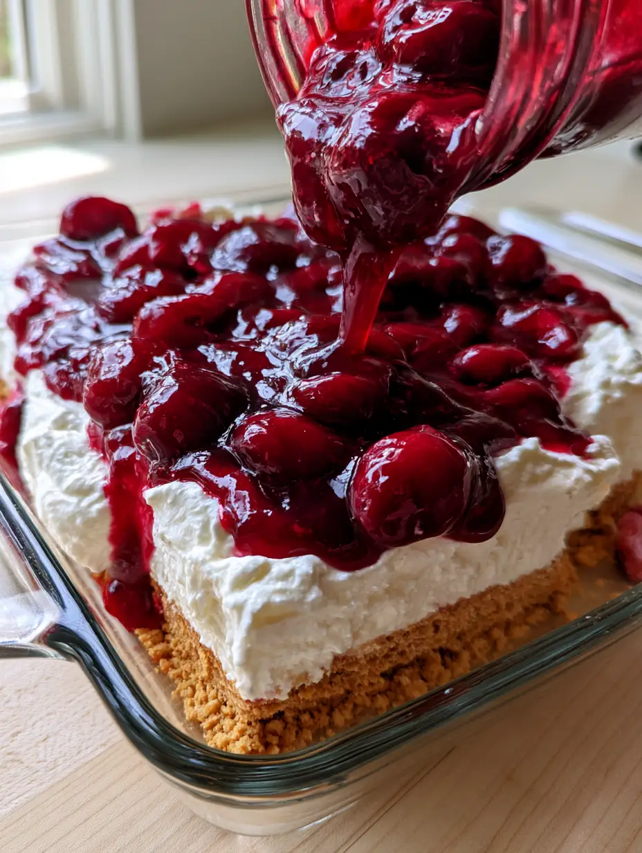 Action shot of thick glossy deep red cherry sauce being poured from a glass jar onto a fluffy cream cheese layer. (cherry cream cheese dessert)