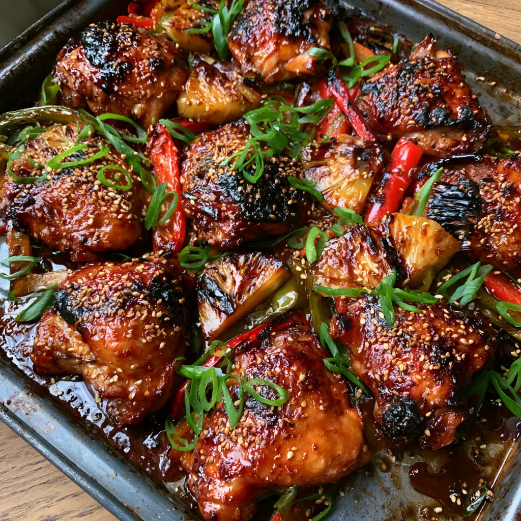 Close up of caramelized pineapple and blistered red and green peppers alongside huli huli chicken.
