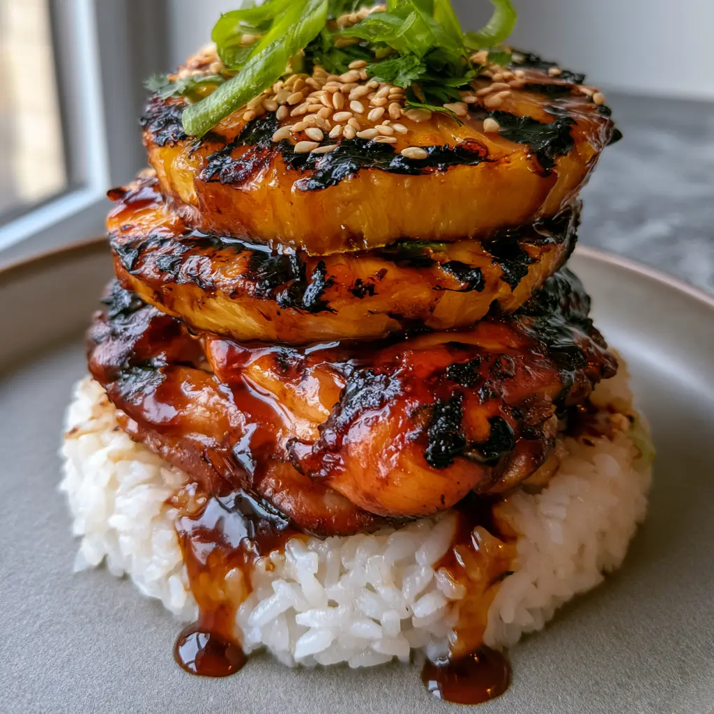 Side view of a Hawaiian Huli Huli Chicken Stack on a grey matte plate with scallions and sesame garnish.