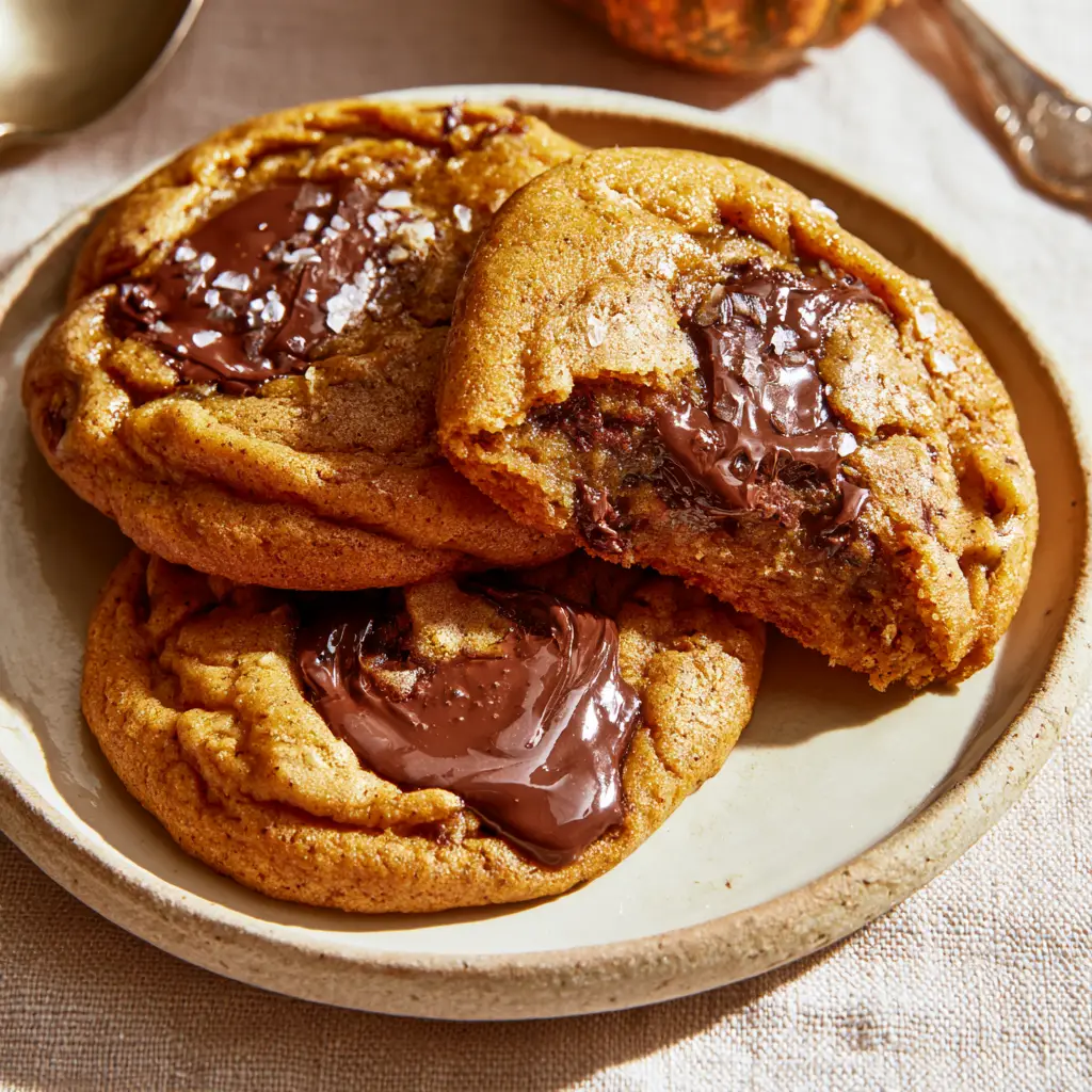 A broken pumpkin chocolate chip cookie revealing a dense, fudgy, non-cakey interior texture.