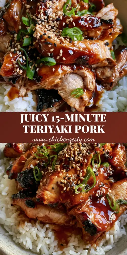 A close-up vertical shot of Teriyaki Pork piled on white jasmine rice, garnished with green onions and sesame seeds, showcasing the dark mahogany glaze.