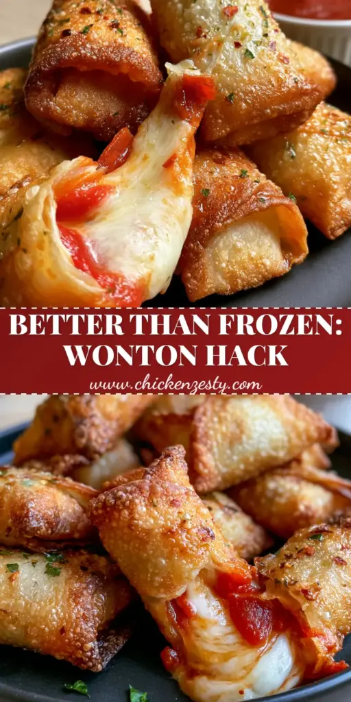 A towering stack of golden-brown homemade pizza rolls made with wonton wrappers, showing a deep mozzarella cheese pull and mini pepperoni slices inside.