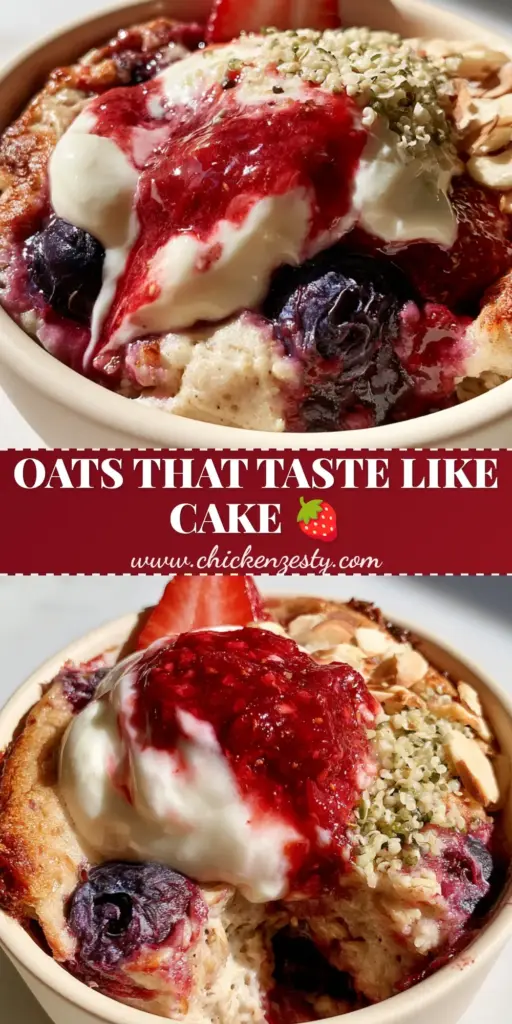 A overhead shot of Berry Cheesecake Protein Baked Oats with a glossy strawberry compote and melted Greek yogurt swirl. (Sweet breakfast recipes)