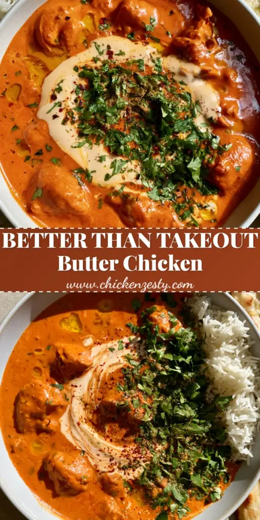 A top-down view of a matte-white bowl filled with glossy Crockpot Butter Chicken, featuring melted butter pools, a heavy cream drizzle, and fresh cilantro, served with charred garlic naan.
