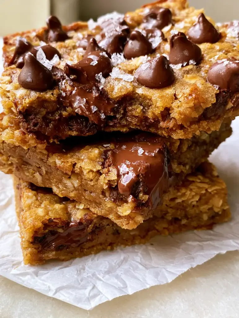 Chocolate Chip Oatmeal Cookie Bars: The Ultimate Thick and Gooey Brown Butter Recipe 1 A stack of Chocolate Chip Oatmeal Cookie Bars on parchment paper with soft side lighting highlighting the gooey chocolate.