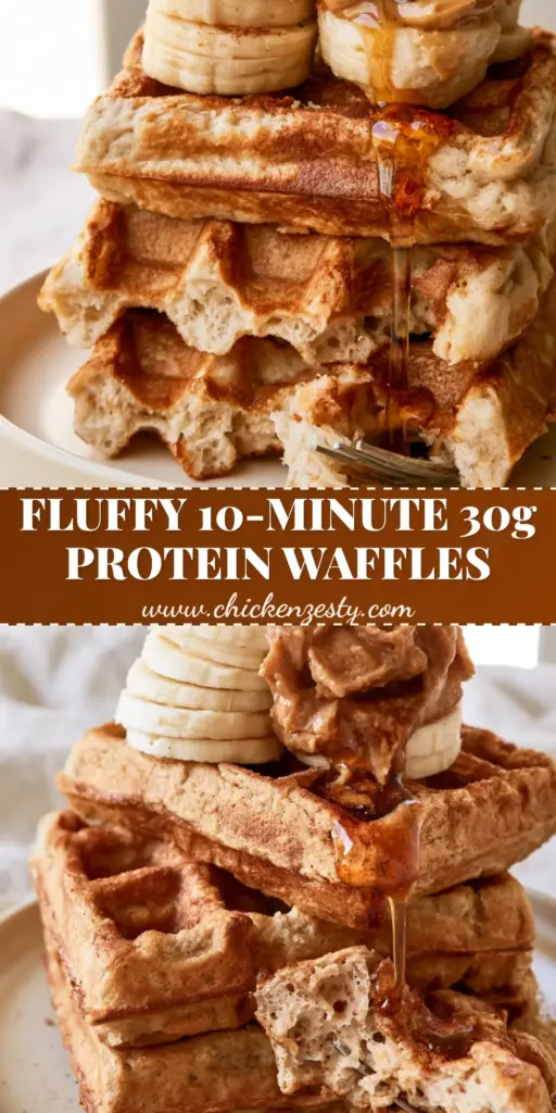 A tall stack of high-protein banana cottage cheese waffles with almond butter and maple syrup drip. (high-protein banana cottage cheese waffles)