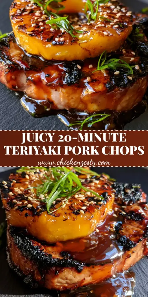 A close-up of grilled pineapple teriyaki pork chops with a deep mahogany glaze and charred pineapple ring on a black plate.